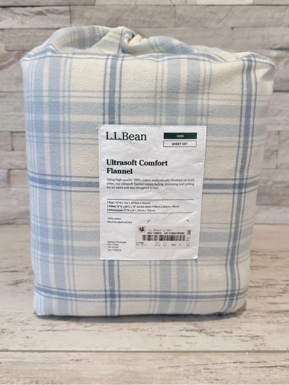 L.L. Bean King Ultrasoft Comfort Portuguese Flannel Sheet Set Bay Blue Check NWT
